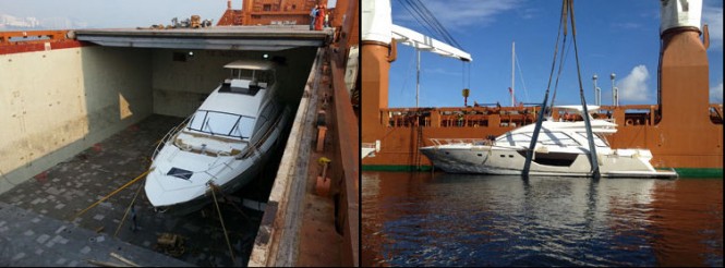 Loading of the Alpha 76' Flybridge Express yacht at Hong Kong and her offloading at Palm Beach