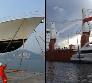 Bravo 88' superyacht and Alpha 76' Flybridge Express yacht by Cheoy Lee loaded and delivered to Palm Beach