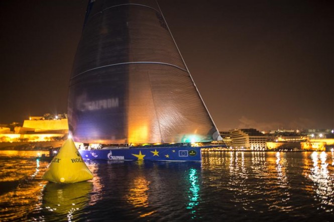 Luxury yacht Esimit Europa 2 claims line honours at the Rolex Middle Sea Race 2012 - Photo by Rolex Kurt Arrigo
