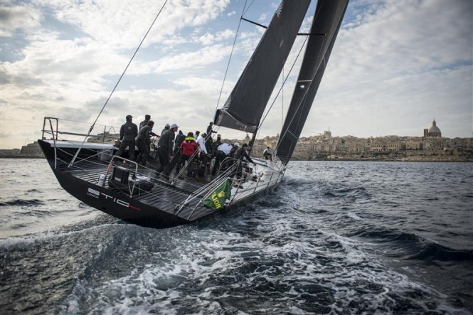 Luxury yacht Stig approaching the finish line in Malta - Photo by Rolex Kurt Arrigo Luxury yacht Stig approaching the finish line in Malta - Photo by Rolex Kurt Arrigo