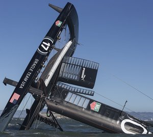 ORACLE TEAM USA capsizes its catamaran yacht AC72 on San Francisco Bay