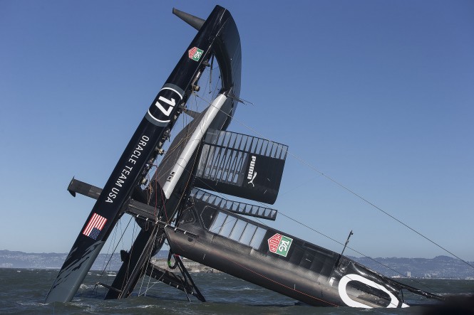 ORACLE TEAM USA yacht AC72 capsized on San Francisco Bay