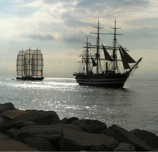 Perini Navi charter yacht Maltese Falcon and the historical tall ship Amerigo Vespucci