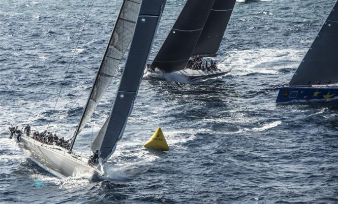 Sailing yacht Ran 2, superyacht Esimit Europa 2 and Stig yacht rounding the mark at the start of the 33rd Rolex Malta Sea Race - Photo by Rolex Kurt Arrigo