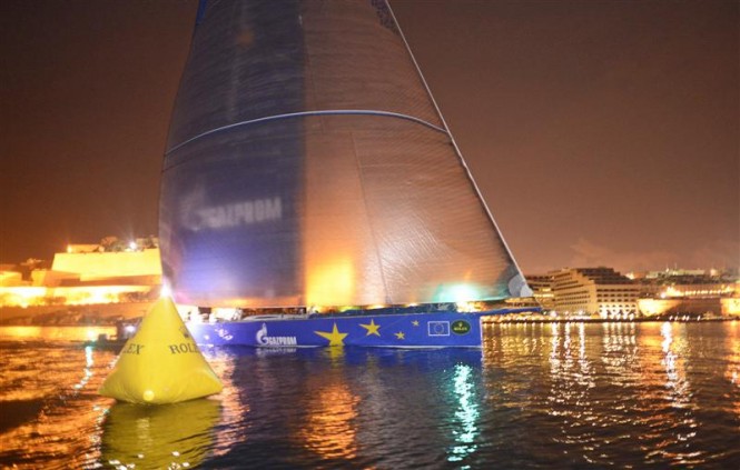 Superyacht Esimit Europa 2 claims line honours at the Rolex Middle Sea Race - Photo by Rolex Kurt Arrigo