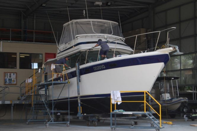 The first model built by Riviera the 38 MK I is detailed in preparation for the Expo