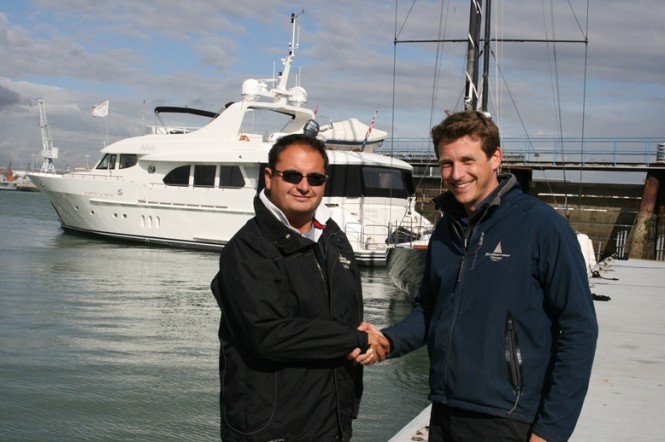 Tim Newell, Boatyard Manager (right) welcomes Alex Cory, Skipper of MY Infinity (left) to Endeavour Quay.