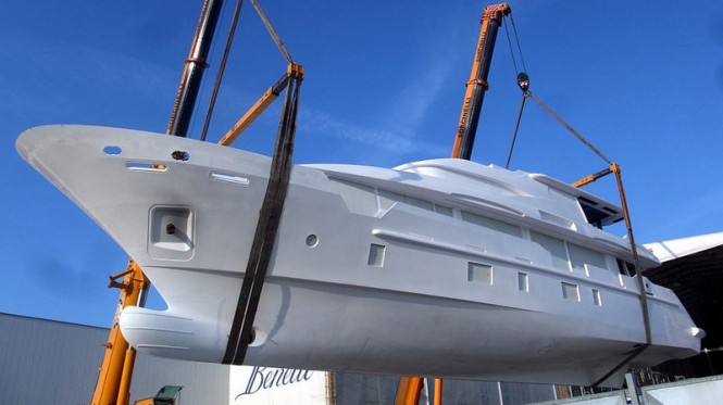Tradition Supreme 108' yacht Hull BK001 with a carbon fiber hard top and roll bar