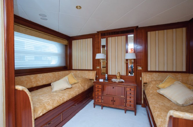 Guest cabin aboard Be Mine superyacht with new, enlarged porthole