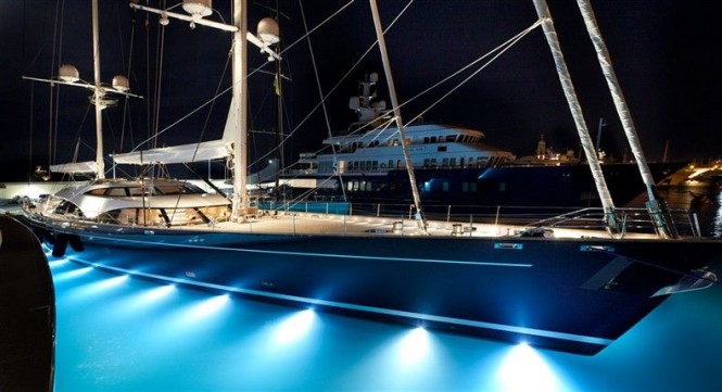 Luxury yacht Twizzle by night