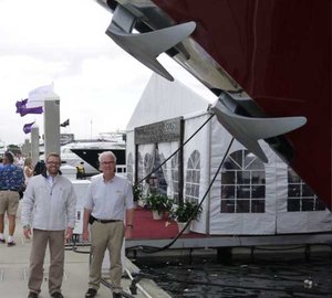 Ron Holland visits the latest Marco Polo Series luxury yacht MAZU at the 2012 FLIBS