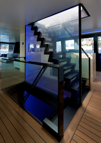 Wally50m Better Place yacht main staircase accessing sun deck above and guest night area below  - Photo Toni Meneguzzo