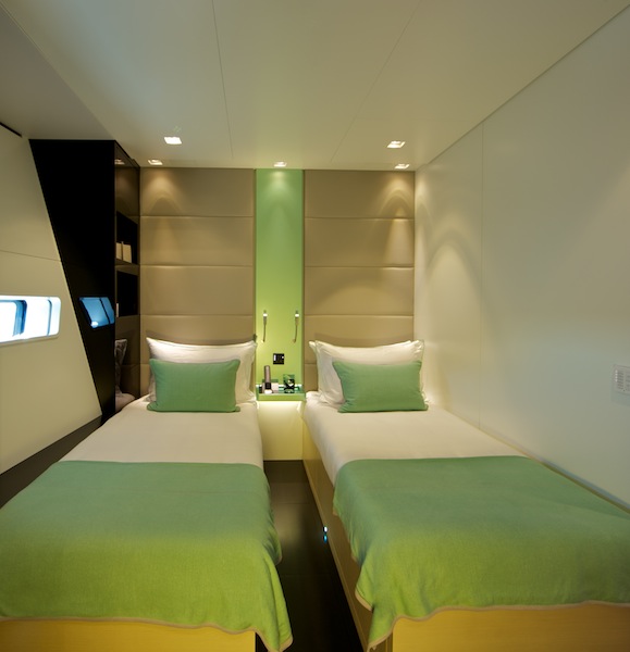 Wally50m Better Place - Twin guest cabin with metallic green colour theme_ph. Toni Meneguzzo