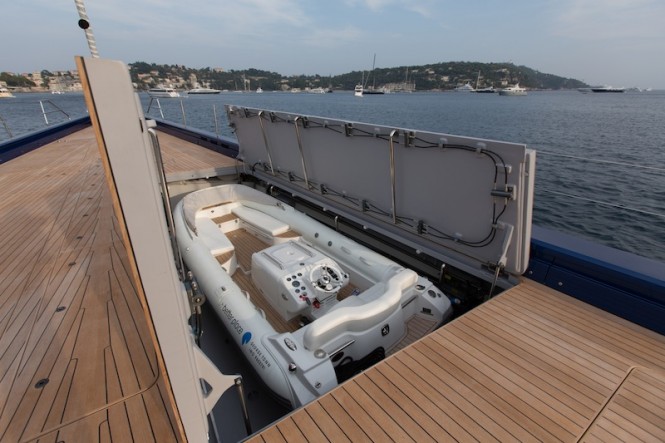 Wally50m luxury sailing yacht Better Place - One of the two tender garages in the forward deck - Photo Gilles Martin-Raget