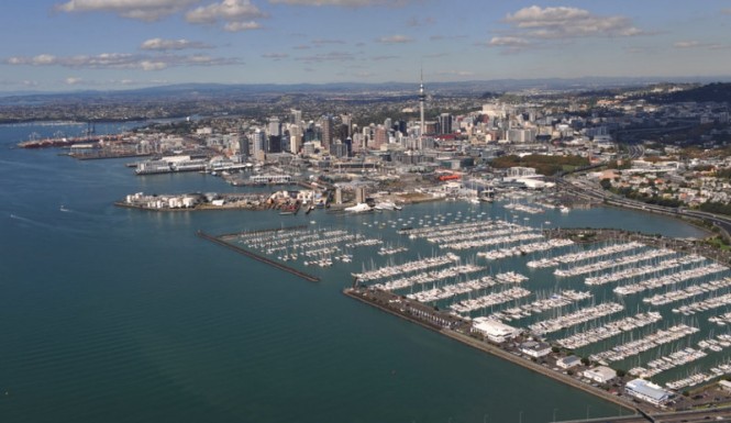 Luxury superyachts anchored in the Auckland's Silo Marina