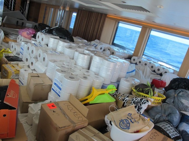 Aid suplies onboard Big Fish superyacht