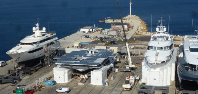 30m catamaran yacht Planet Solar under refit at Monaco Marine