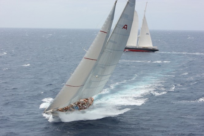 Close racing during the first night as the two majestic schooners Adela and Athos were virtually 'side by side' - Credit: RORC/Tim Wright/Photoaction.com 