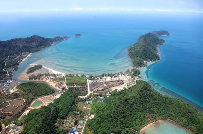Aerial view of luxury yacht charter location - Koh Chang in the Gulf of Thailand