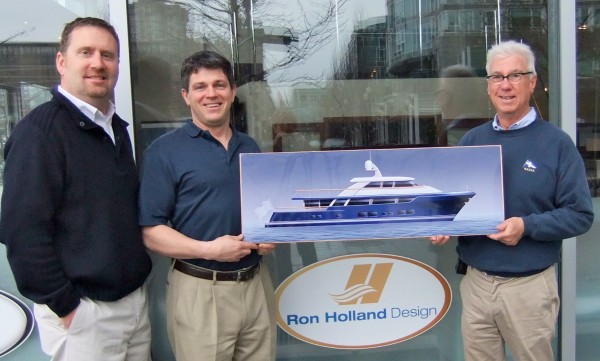 David Campbell, Freedom Marine, Paul Rayburn and Ron introduce the new 107 yacht design concept. Coal Harbour, Vancouver February 2013.