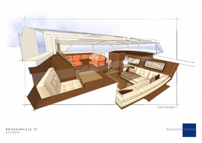 Interior of Bougainville yacht designed by Rhoades Young - Saloon Forward View