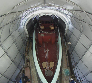 Fisheye image of the 40m Columbus Sport Hybrid Yacht in build at Columbus Yachts 