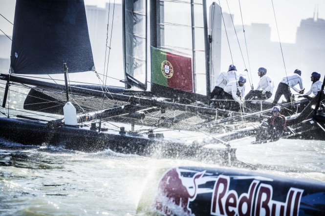 ROFF/Cascais Sailing Team of Portugal race during the Red Bull Youth America's Cup Selection Series in San Francisco