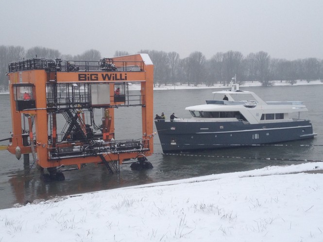 Superyacht Echo 85 approaches 'Big Willi' the travellift that lifts yachts out of the River Rhine