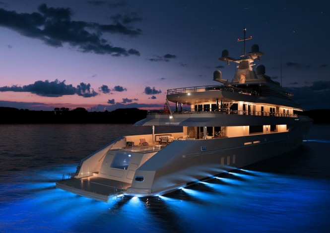 Superyacht Red Square Aft at Night - Image courtesy of Dunya Yachts