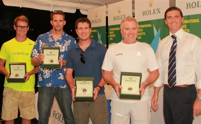 ALEXANDRE TABARY-DEVISME (FAR RIGHT), ROLEX CARIBBEAN, HANDS ROLEX TIMEPIECES TO THE WINNERS OF THE WEEK: (FROM RIGHT) JEREMY PILKINGTON, RICHARD WESSLUND, ROBBIE RAMOS AND DALTON DEVOS