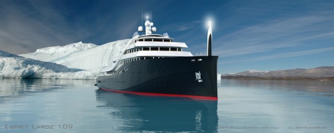 Front view of the 109m Mauro Sculli mega yacht Esprit Large Front view of the 109m Mauro Sculli mega yacht Esprit Large