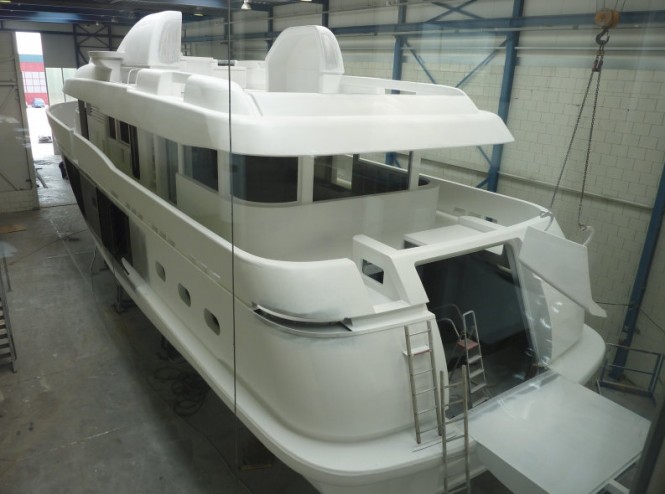 Luxury yacht Belle de Jour in build - aft view