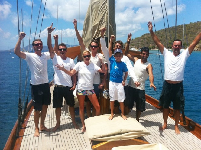 Mathew Barker's 1930s classic yacht The Blue Peter was first to arrive at Norman Island in the Caribbean Insurers Island Invitational Credit- Leighton O'Connor