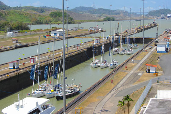 Oyster yachts navigating through the Panama Canal into the Pacific Ocean