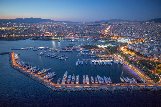 VIP Mega-Yacht Destination Flisvos Marina by night