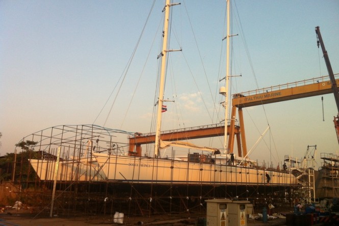 Yacht Solutions' shrink wrap scaffolding over charter yacht Douce France - Day 1