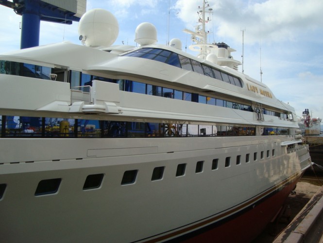 105m Blohm & Voss mega yacht Lady Moura docked in Monaco Harbour