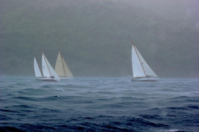 Pewter grey skies and squalls made conditions difficult during the race to decide who will compete against Mariella for  The Inn Challenge Trophy taking place today in Antigua. Left to right: Vagabundo II, Dione and The Blue Peter Credit: Louay Habib/The Inn at English Harbour