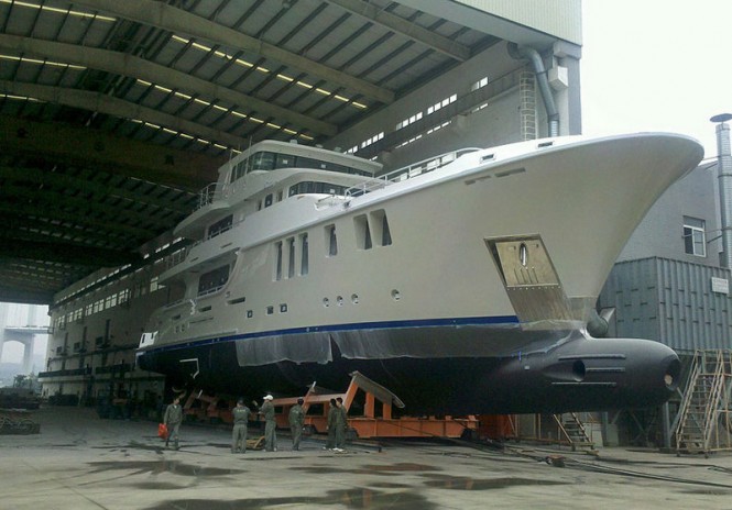 Nordhavn 120 Yacht Aurora being taken out of the shed for test tank