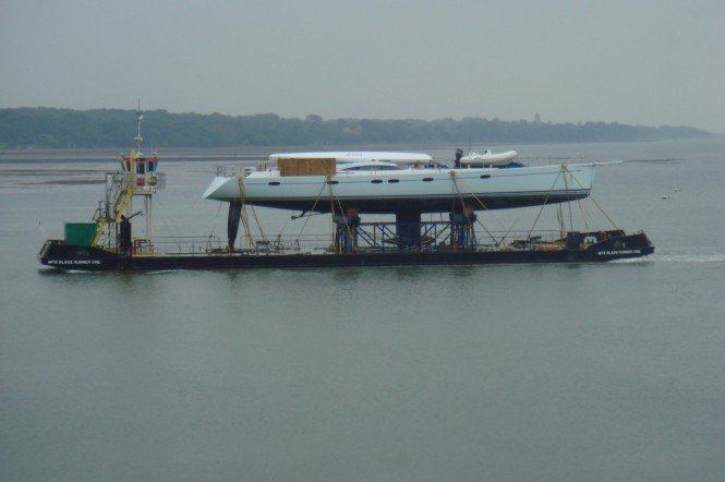 Dixon 100 charter yacht Liara being transported to Southampton Yacht Services (SYS) by Complete Marine Freight