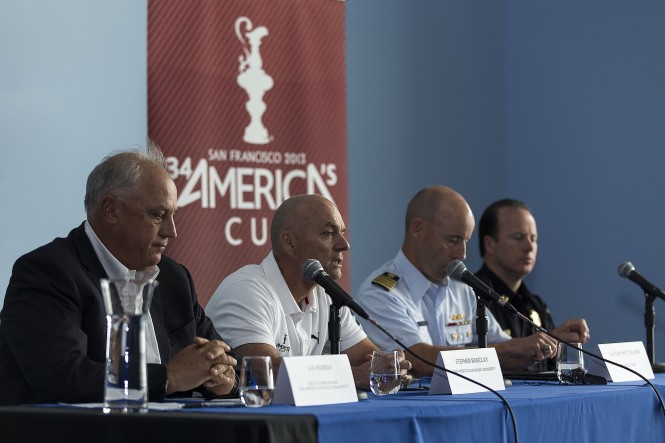 from left) – Regatta Director Iain Murray, ACEA CEO Stephen Barclay, Captain Matt Bliven, US Coast Guard Sector San Francisco, and Captain Thomas Cleary, San Francisco Police Department, address the media at a press conference on May 10, 2013, in San Francisco.  