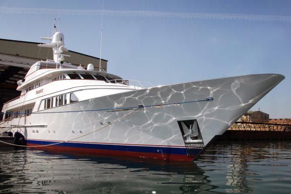 Luxury charter yacht Teleost leaving Pendennis' dry dock to undergo sea trials