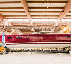 FC100 sailing yacht NOMADE IV leaves Maxi Dolphin shipyard to continue construction in Marghera, Italy