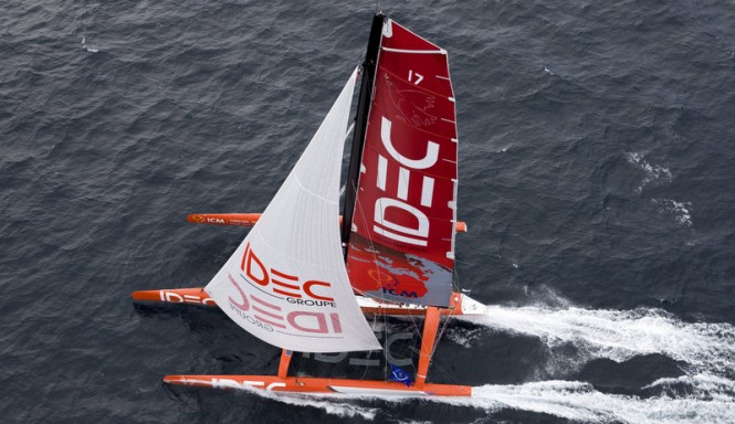 Francis Joyon aboard his 30m trimaran yacht IDEC - upview © JM Liot / DPPI/ IDEC 
