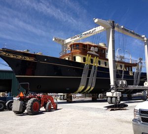 Newly refitted 122' classic motor yacht ATLANTIDE leaves Front Street Shipyard