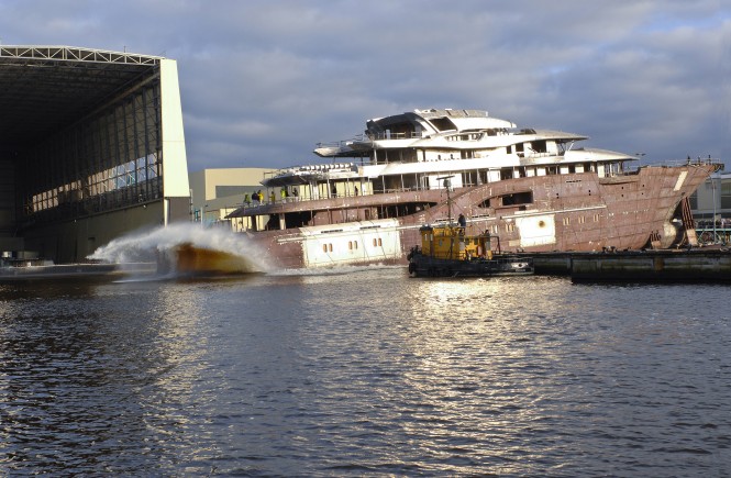 85m Lurssen mega yacht Project Niki sliding down the ways in January 2012