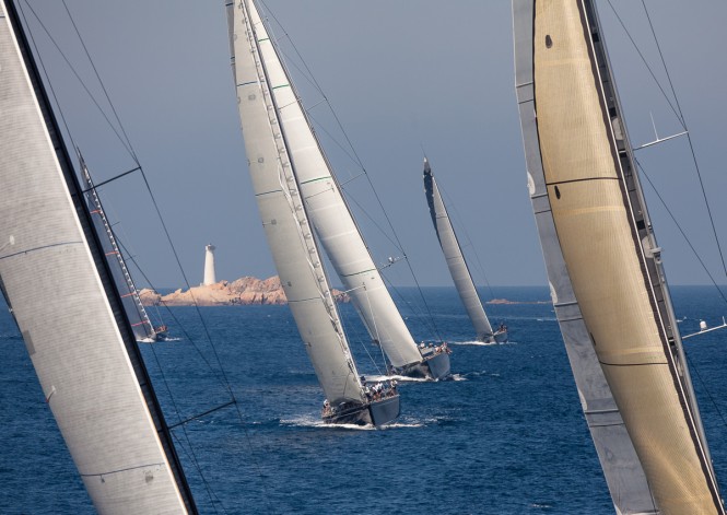 Fleet passing Monaci Island - Loro Piana Superyacht Regatta 2013 © Carlo Borlenghi