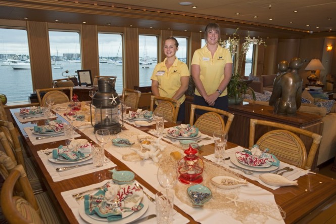 Joanne Cooper (left) and Holly Anderson (right) of the 139 foot motor vessel Capricorn at the winning Tablescaping Challenge table