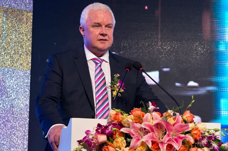 Stewart McIntyre, Managing Director of Sunseeker International Ltd, addresses the ceremony