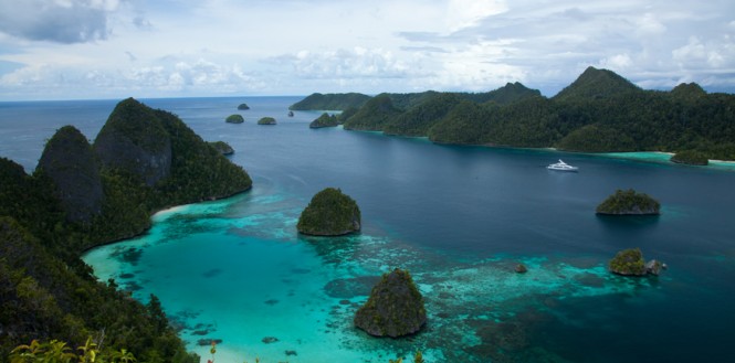 Superyacht in the lovely yacht charter destination - Raja Ampat in Indonesia © Ethan Lee